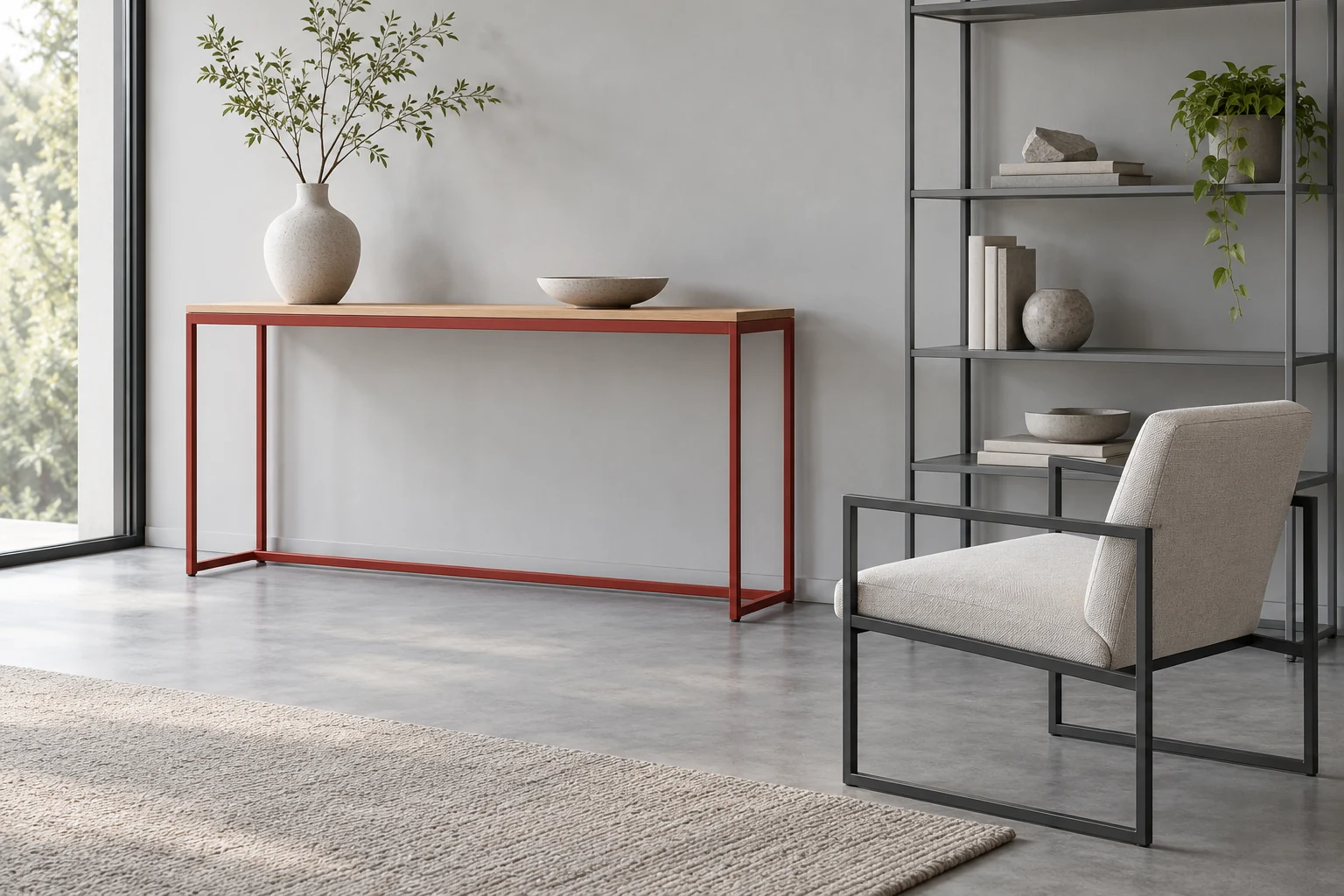 Ambiente ilustrativo com console, cadeira e estante de metal, gerado por IA.